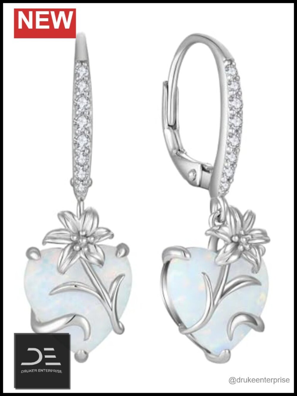Sterling Silver Lily Flower Leverback Dangle Earrings Heart Opal Jewelry